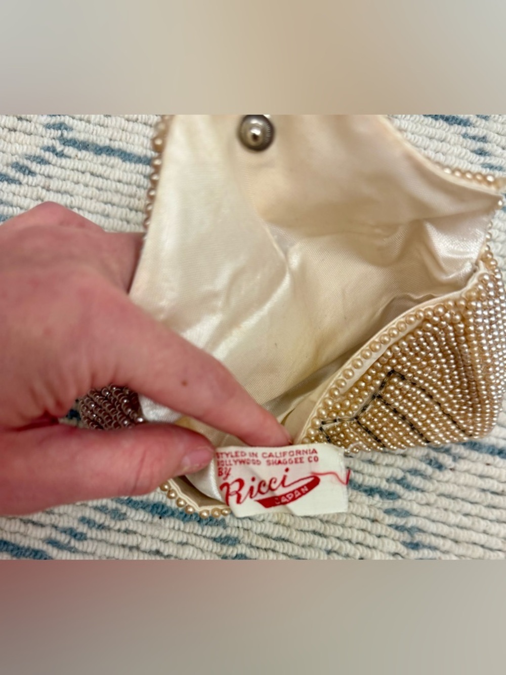 RICCI Vintage 50’s/60’s Creamy Faux Pearl Chevron Beaded Envelope Clutch Purse - Picture 14 of 16